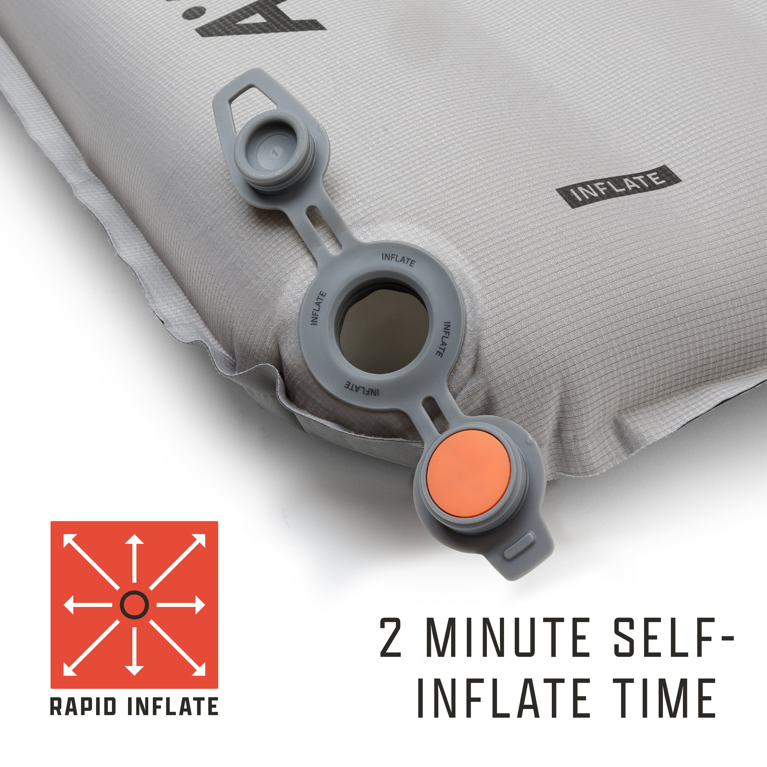 Rapid-inflate valve detail on the side of the pad, labeled with “2 minute self-inflate time.”