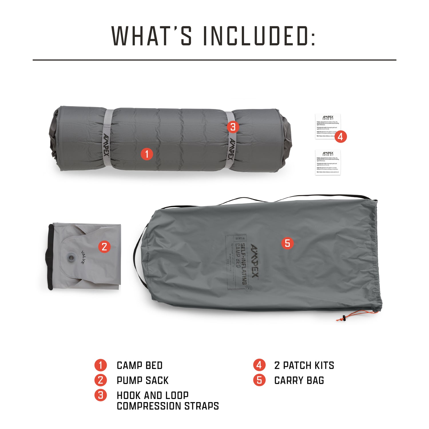 Graphic showing items included with the sleeping pad/camp bed (Camp bed, Pump sack, Hook and Loop Compression Straps, 2 patch kits, carry bag)
