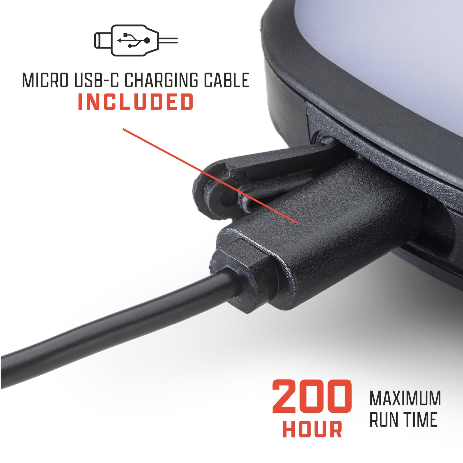 Close up of the charging port of 300L AMPEX tent light. Picture includes the text "Micro USB-C charging cable included" "200 hour maximum run time"