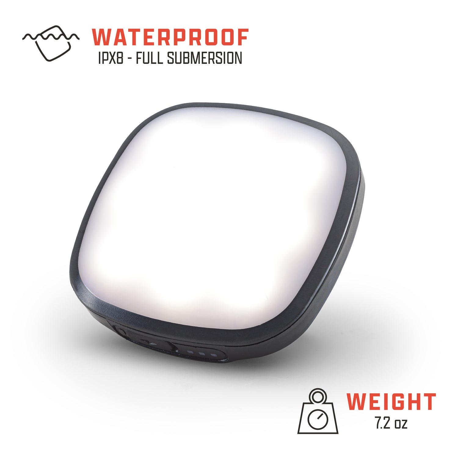 300L AMPEX tent light with the text "WATERPROOF IPX8 -FULL SUBMERSION" "Weight 7.2 oz"