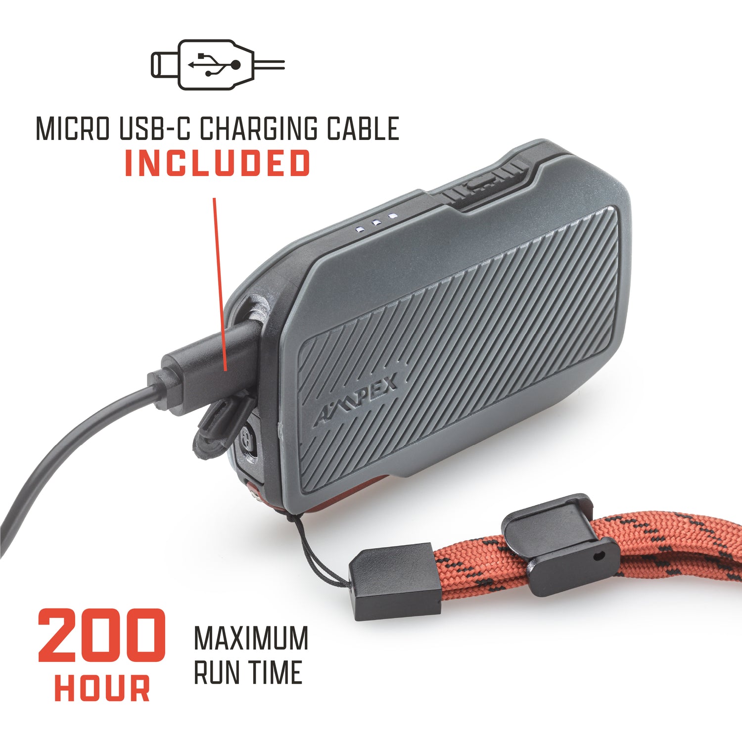 Image of the flashlight being charged with a USB-C cable with the text "Micro USB-C charging cable included" "200 hour maximum run time"