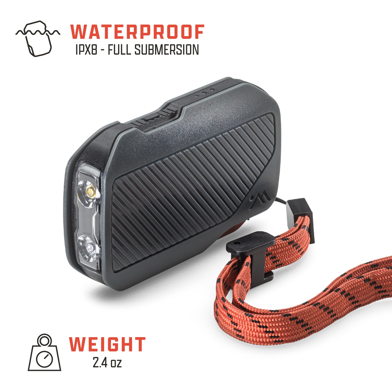Image of the flashlight with the text "waterproof IPX8 - Full submersion" "Weight 2.4 oz "