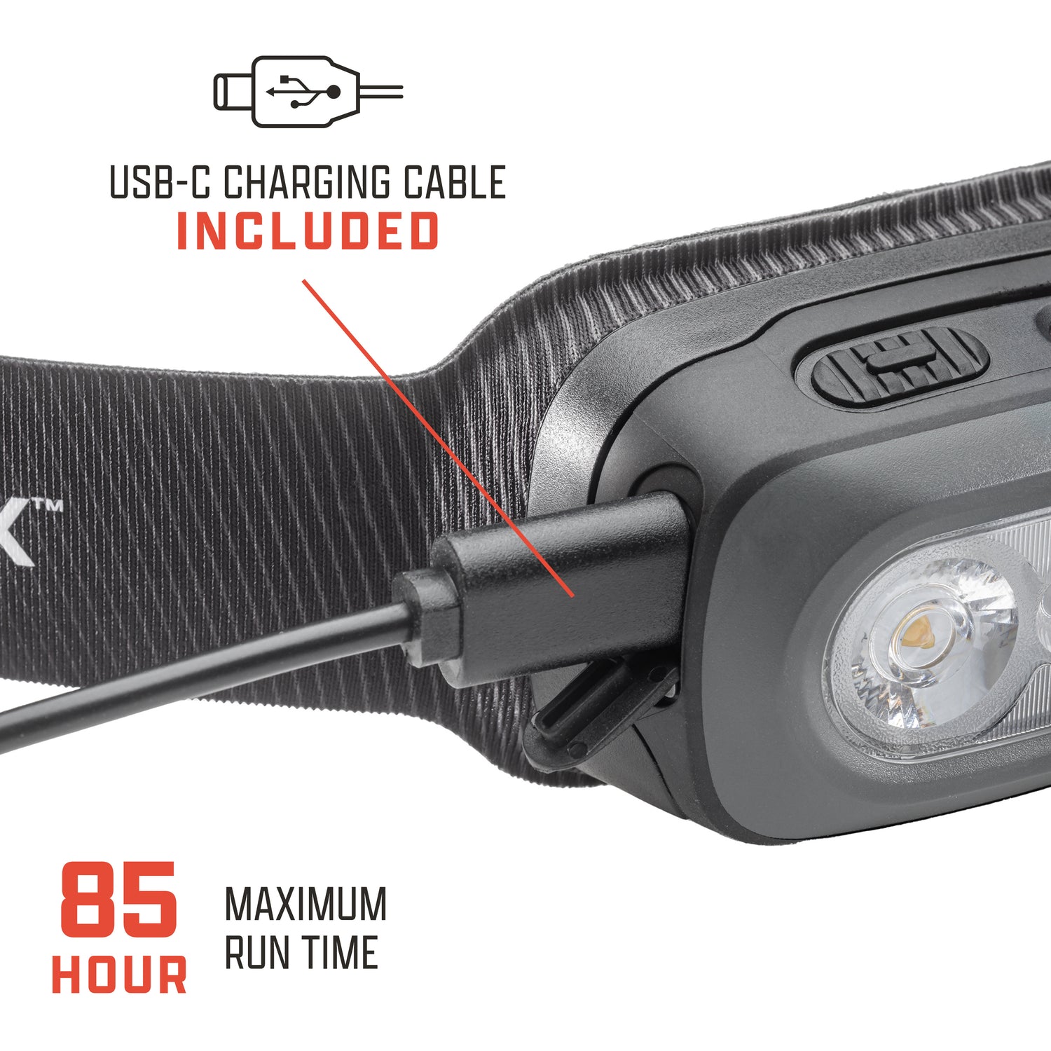 Close-up of the headlamp being charged via USB cable with battery indicator lights. Labeled “85Hour Maximum Run Time” and “USB-C Charging Cable Included”