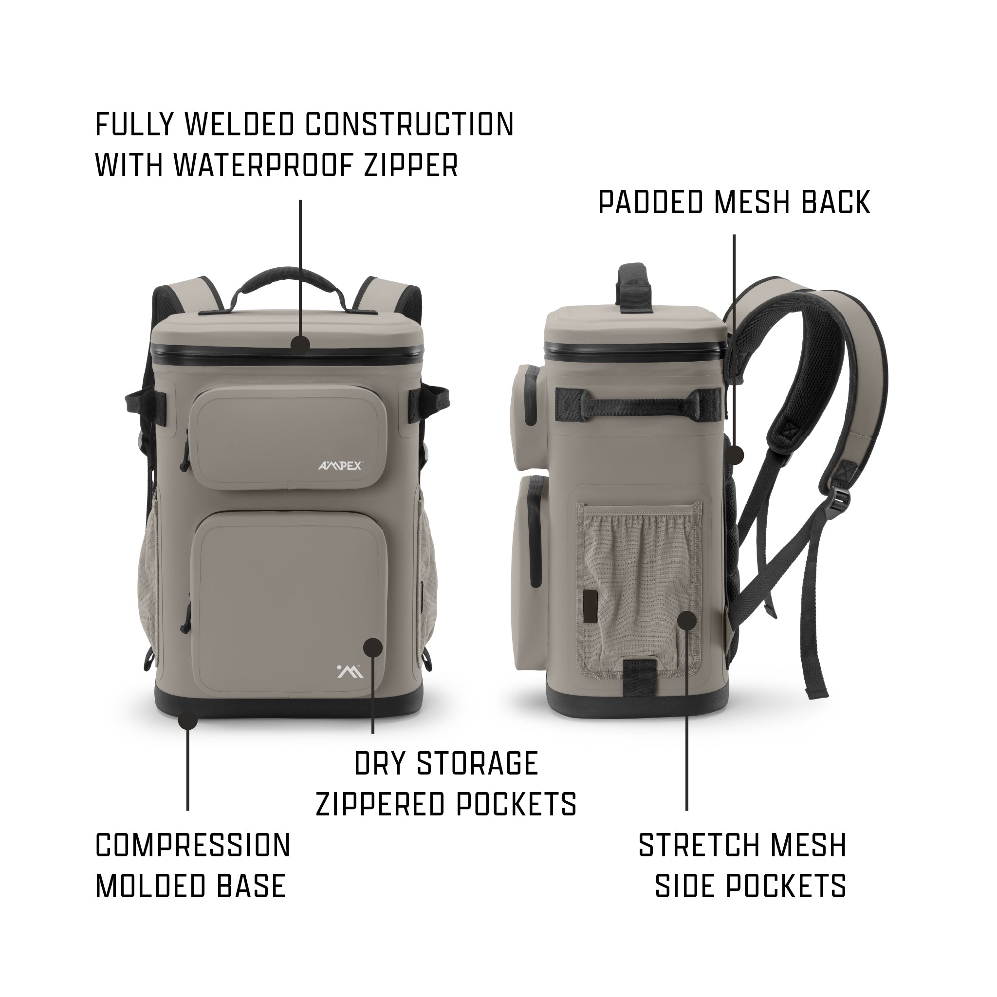 Beige Backpack cooler with features highlighted on a white background