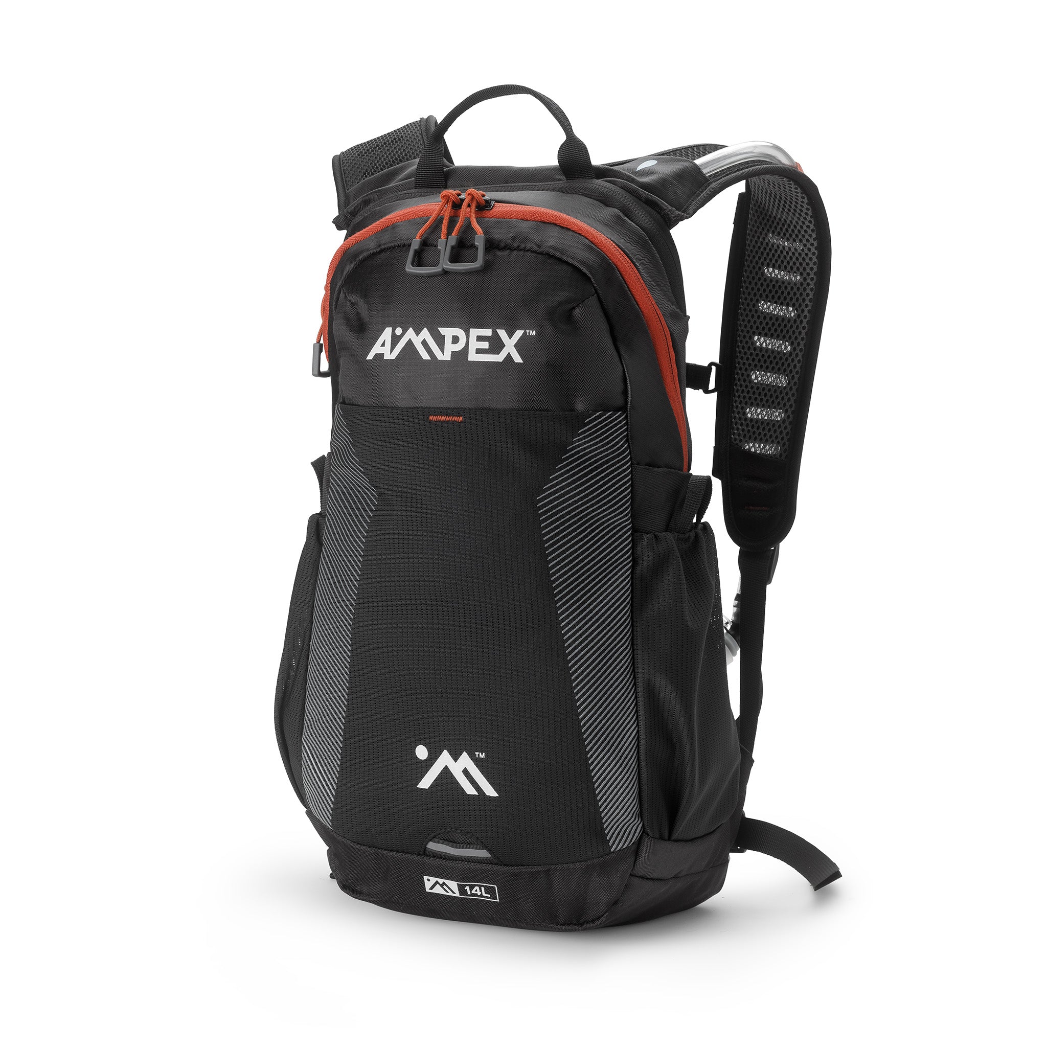 Black backpack with red zipper sized to fit hydration bladder