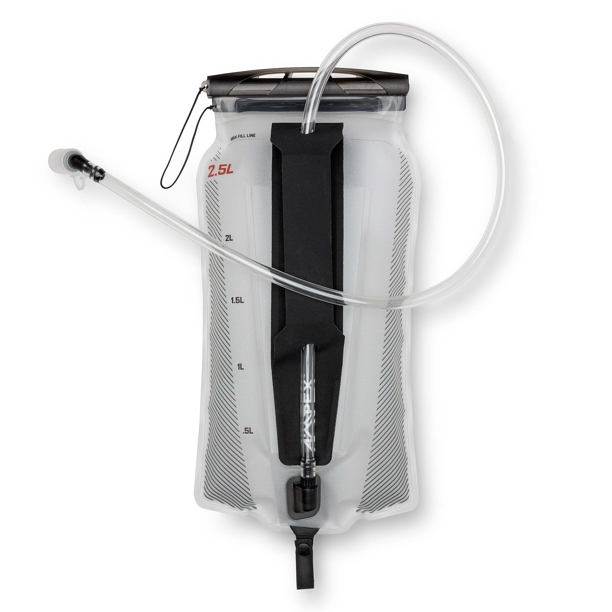 Clear plastic hydration bladder with back seam in the middle and clear hose