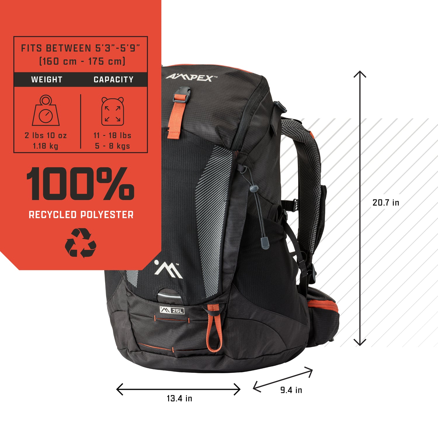Diagram showing pack dimensions (20.7 x 13.4 x 9.4 in), weight, fit range, and material (100% recycled polyester).