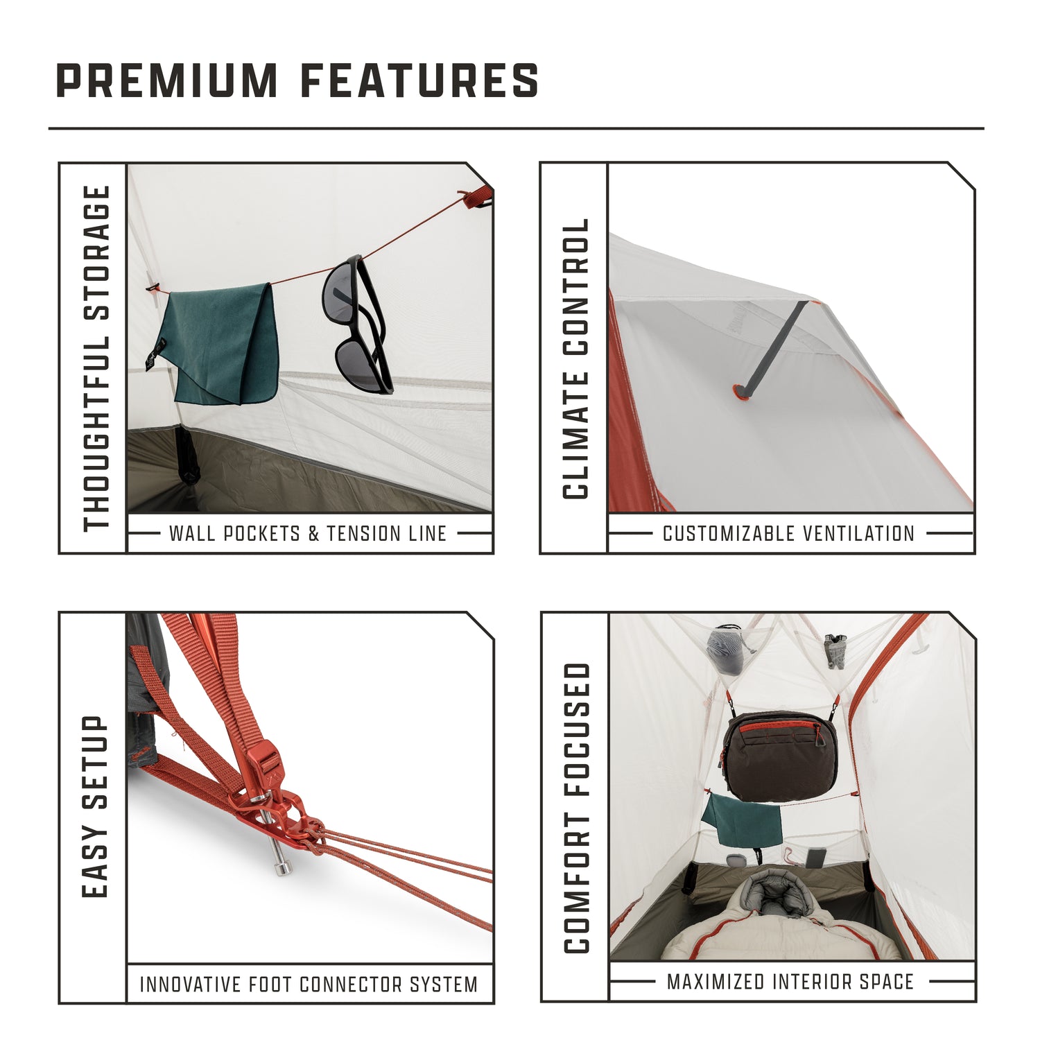 Callouts showing tent features—thoughtful storage with wall pockets, climate control with adjustable ventilation, easy setup with foot connector system, and comfort-focused interior shade.