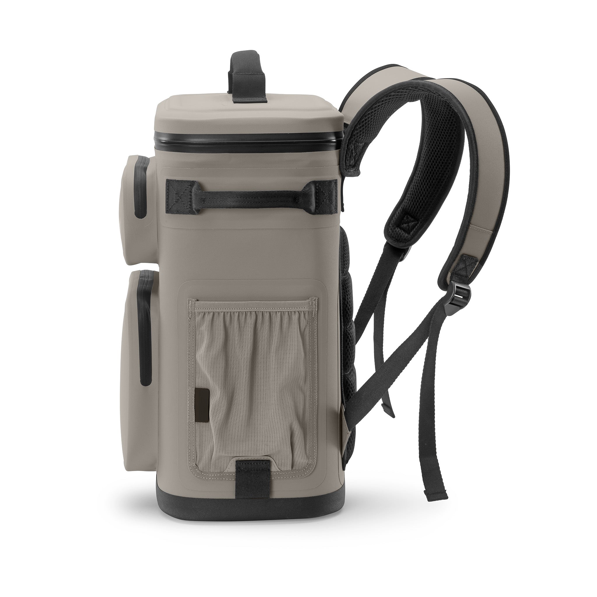Side view of beige backpack cooler with black straps on a white background