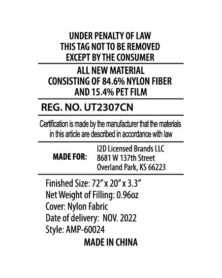 White product tag with black text showing material and manufacturing details for an Ampex sleeping pad. States materials: 84.6% nylon fiber and 15.4% PET film. Registered number UT2307CN. Made for I2D Licensed Brands LLC, Overland Park, Kansas. Finished size: 72 x 20 x 3.3 inches. Net weight of filling: 0.96 ounces. Cover: nylon fabric. Date of delivery: November 2022. Style: AMP-60024. Made in China.