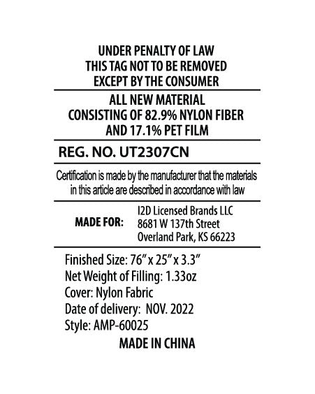 “White product tag with black text showing material and manufacturing details for an Ampex sleeping pad. States materials: 82.9% nylon fiber and 17.1% PET film. Registered number UT2307CN. Made for I2D Licensed Brands LLC, Overland Park, Kansas. Finished size: 76 x 25 x 3.3 inches. Net weight of filling: 1.33 ounces. Cover: nylon fabric. Date of delivery: November 2022. Style: AMP-60025. Made in China.