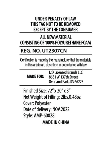 White regulatory and materials tag with product details including dimensions, weight, material (polyurethane foam), and manufacturing info.