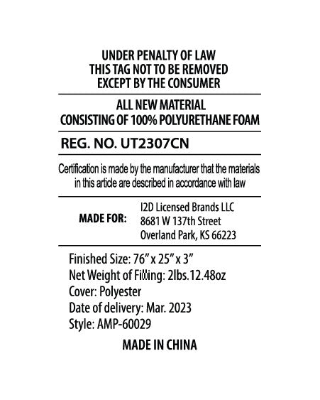 White regulatory and materials tag with product details including dimensions, weight, material (polyurethane foam), and manufacturing info.