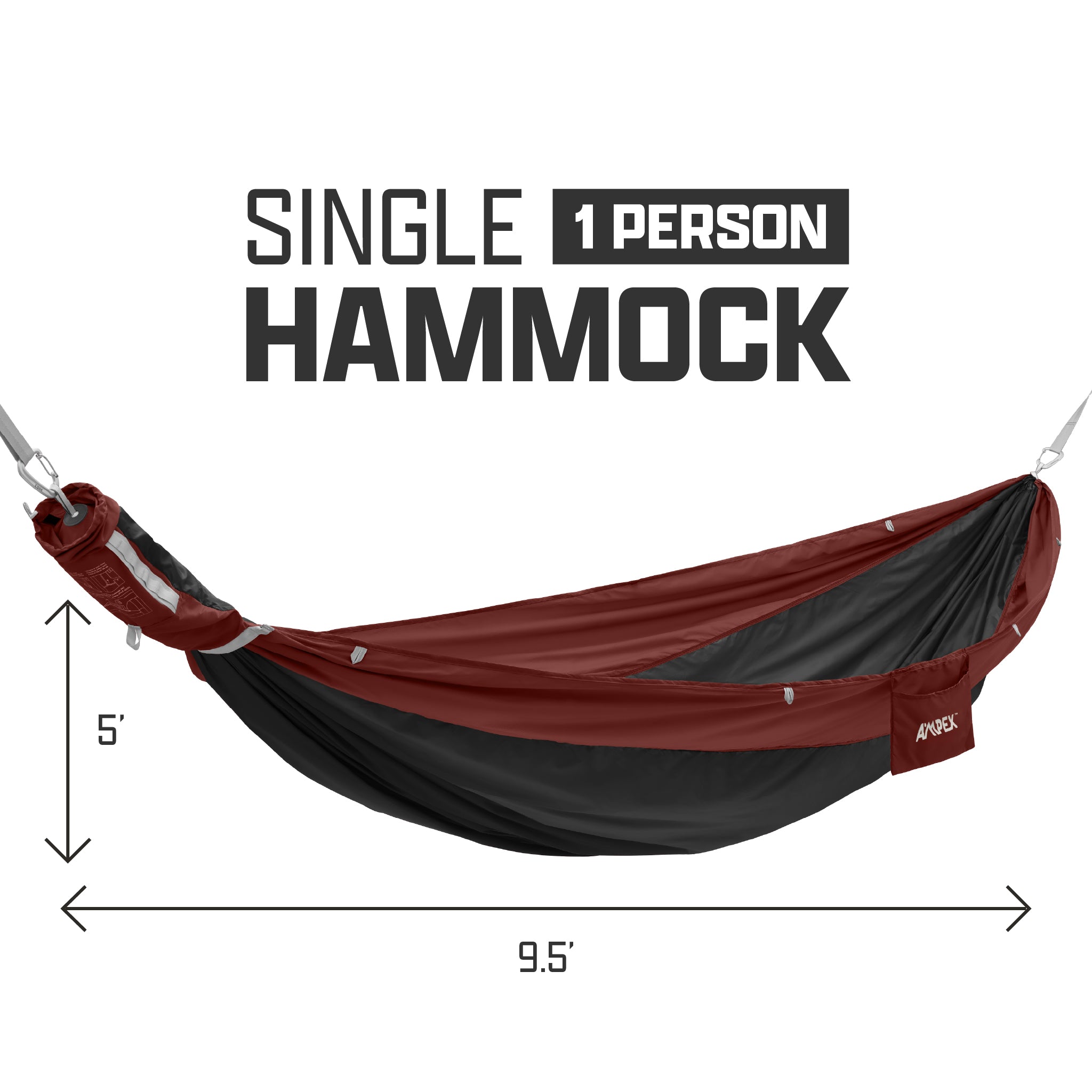 Labeled diagram of Hammock with text "Single 1 person hammock" and dimensions of 5 foot width by 9.5 foot length