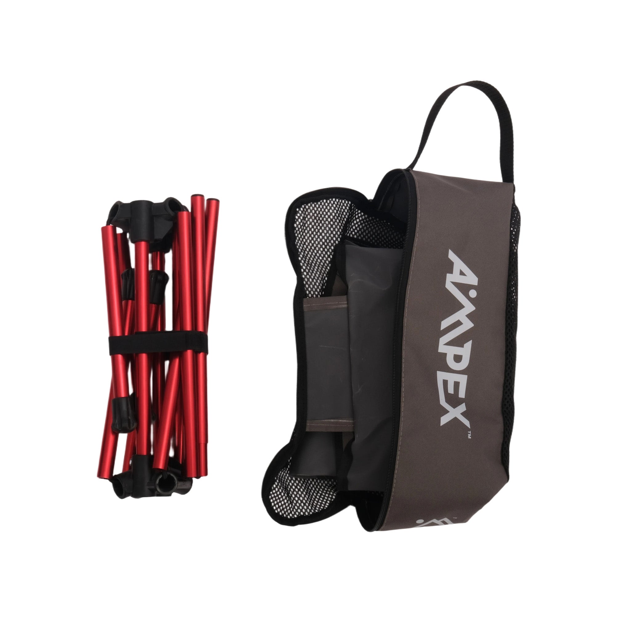 Foldable red and black poles with a carrying bag featuring &
