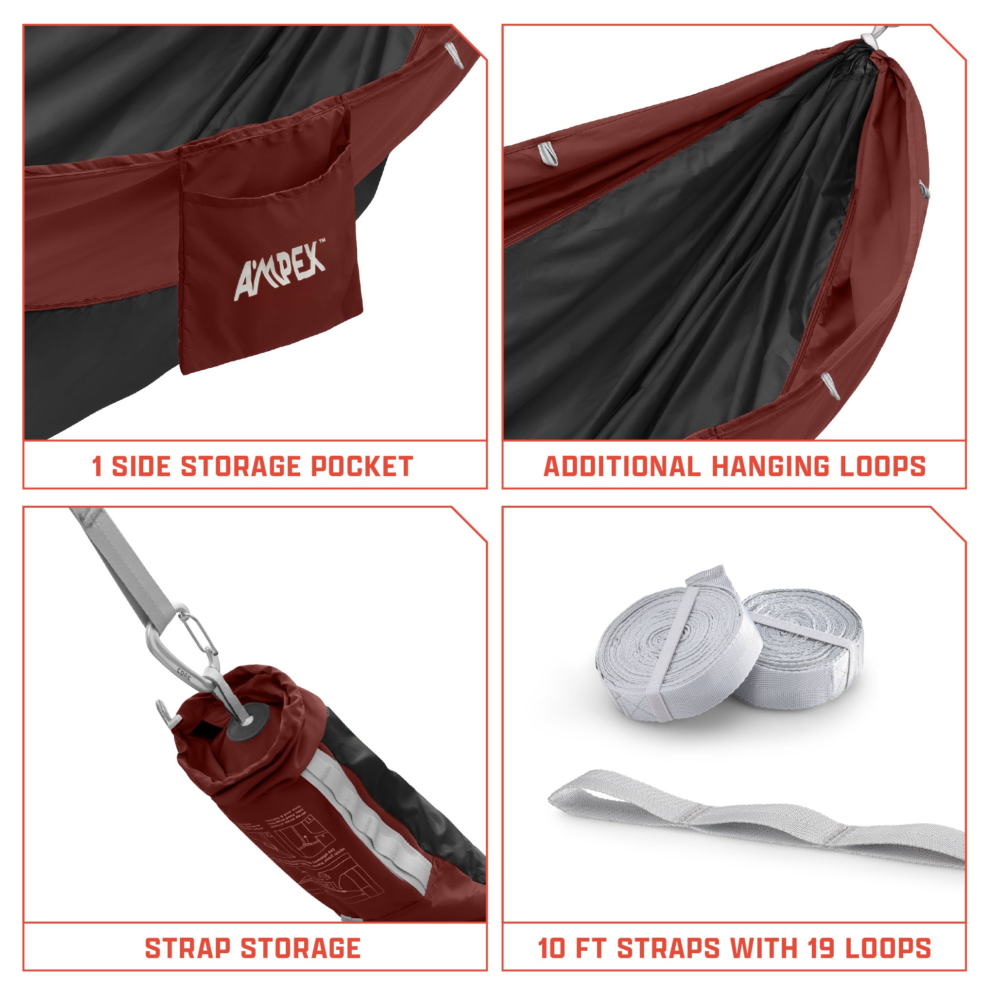 labeled diagram of Hammock features with text "1 side storage pocket. Additional hanging loops. Strap Storage. 10 Foot straps with 19 loops."