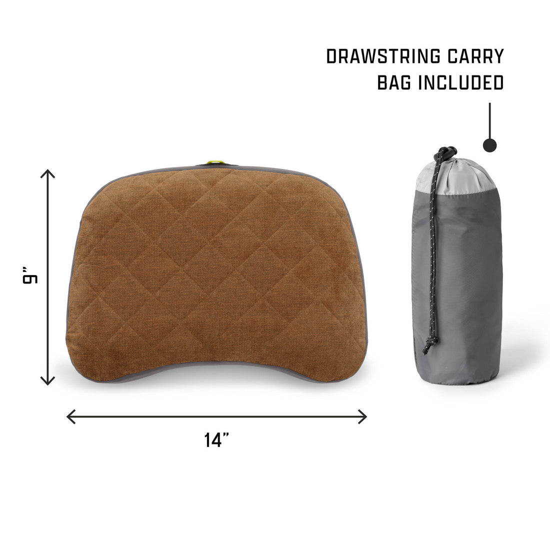 Brown quilted pillow with gray drawstring carry bag and measurements on a white background