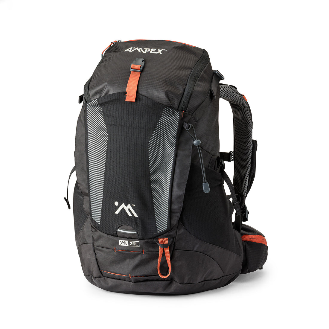 Front-facing image of the black and gray Ampex daypack with orange zipper pulls and logo on front pocket.