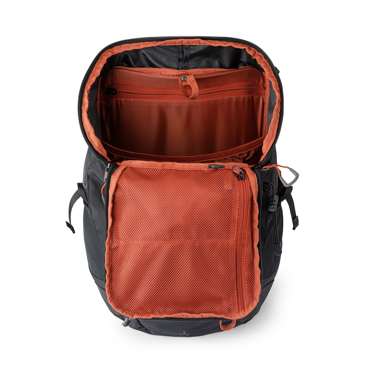 Backpack shown with top fully open, revealing spacious orange-lined main compartment.