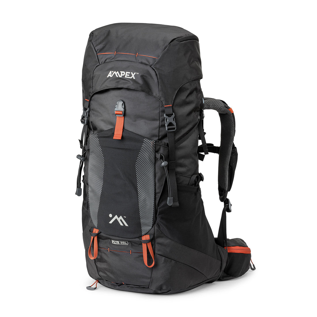 Front-facing image of a gray and black Ampex hiking backpack with orange accents and multiple compartments. 3