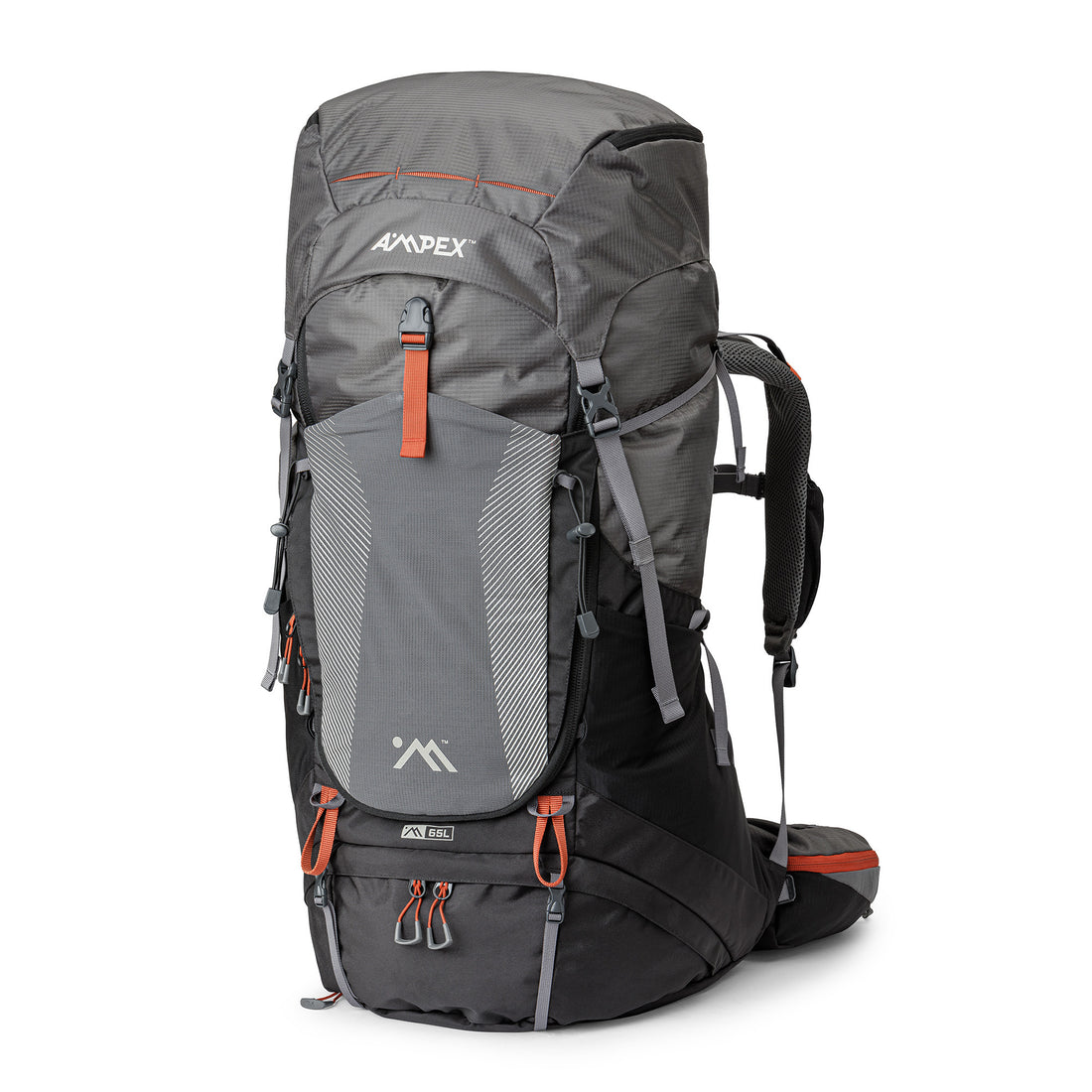 Front-facing image of a gray and black Ampex hiking backpack with orange accents and multiple compartments. 2
