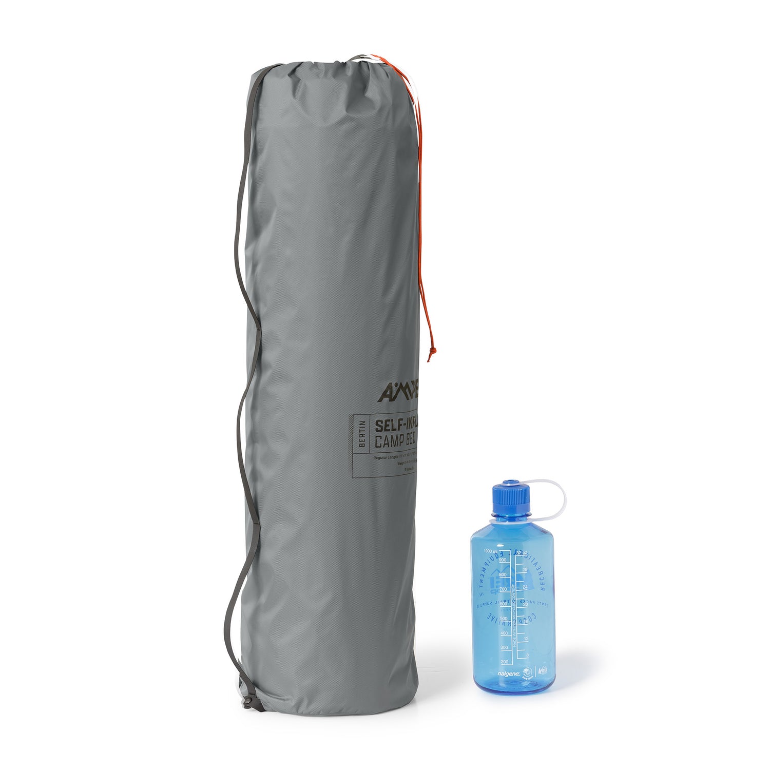 Rolled sleeping pad with Ampex logo packed into a gray stuff sack.