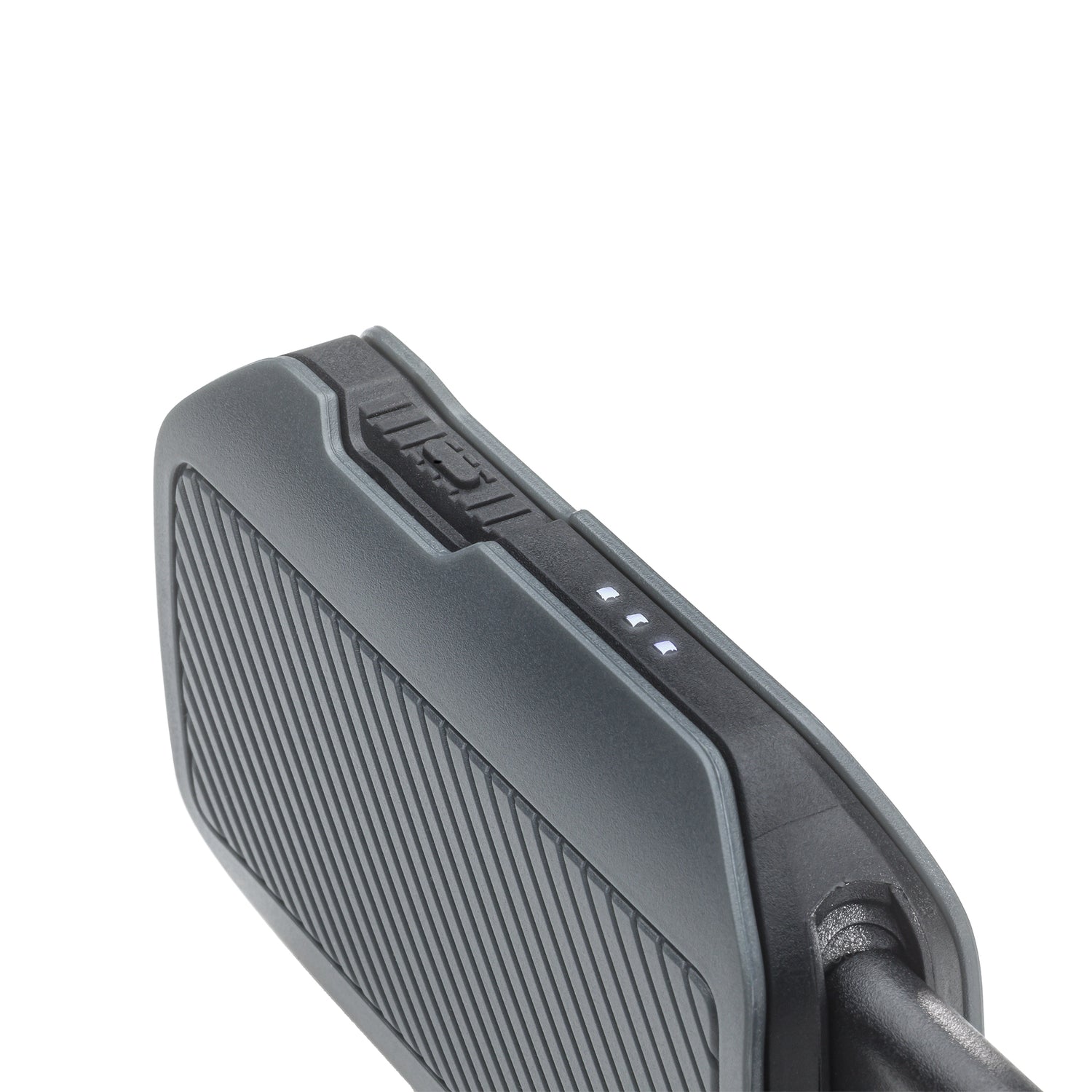 Close up picture of the 300 lumen AMPEX flashlight showing the mode button and battery indicator lights.