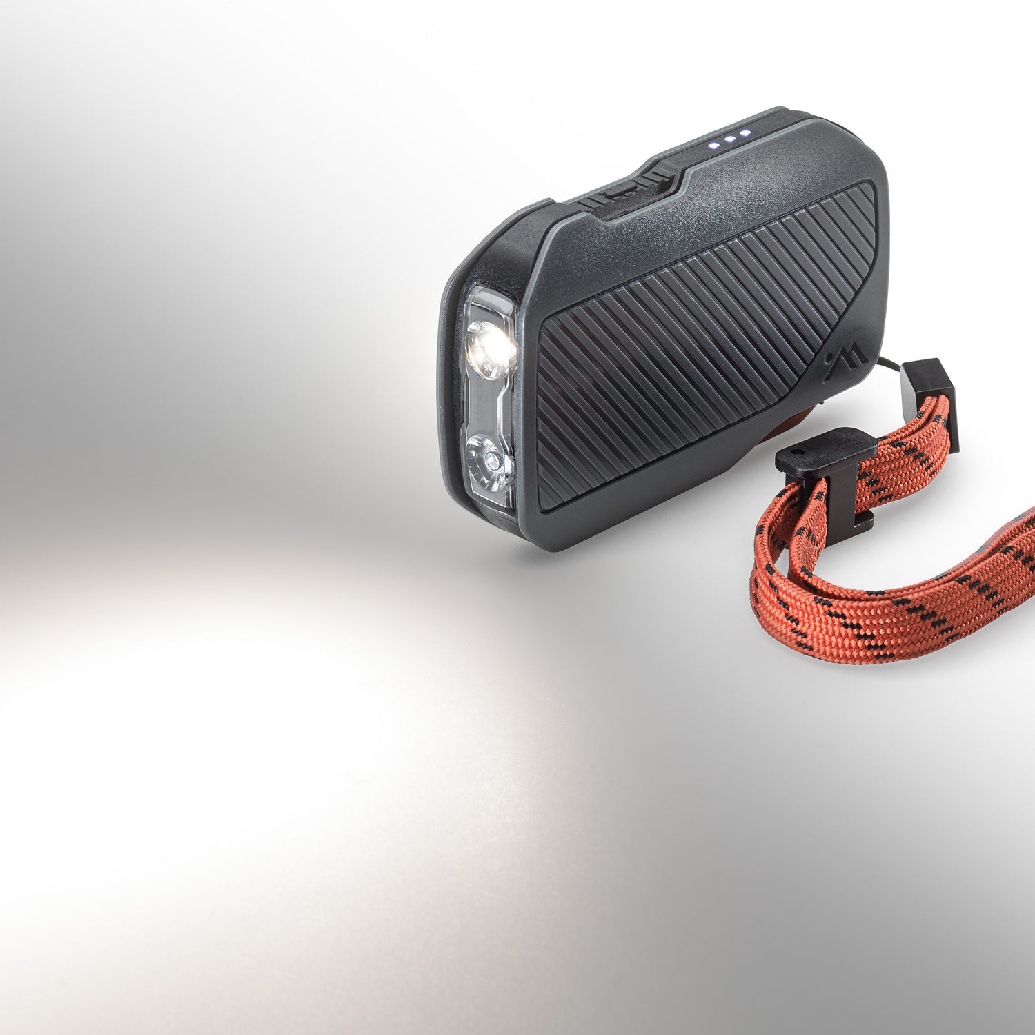 Side View of AMPEX 300 Lumen Lightweight Flashlight showing the white LED light on.