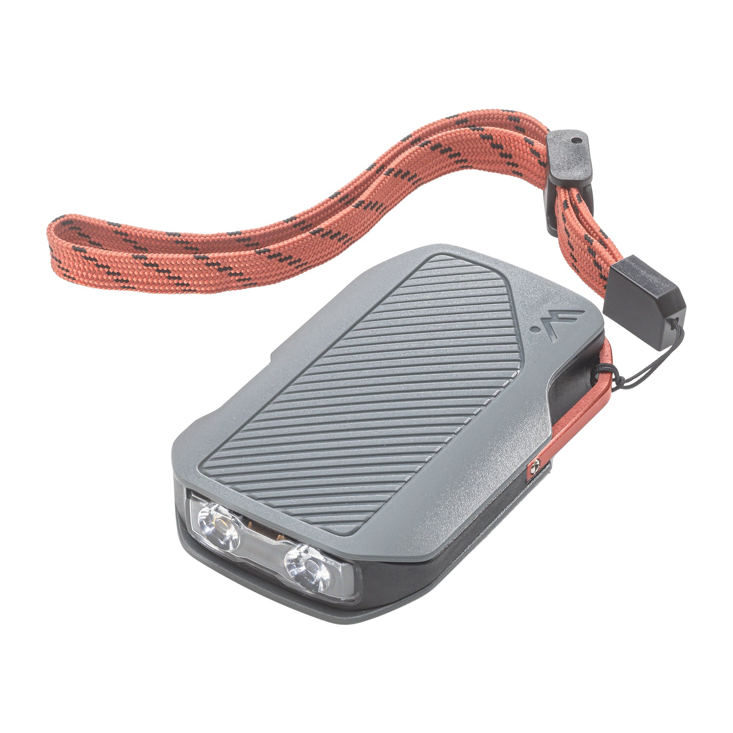 View of AMPEX 300 Lumen Lightweight Flashlight showing the top of the light and attached orange wrist strap.