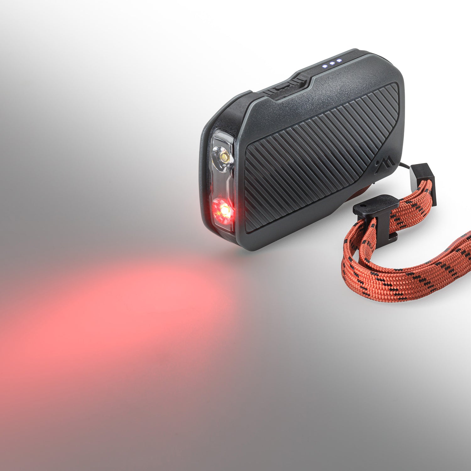 Side View of AMPEX 300 Lumen Lightweight Flashlight showing the red LED light on.