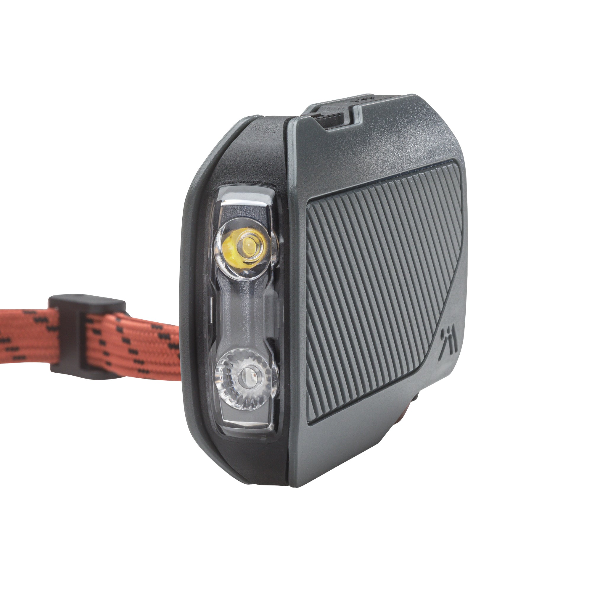 View of AMPEX 300 Lumen Lightweight Flashlight showing the white and red LED lights along with an orange wrist strap.