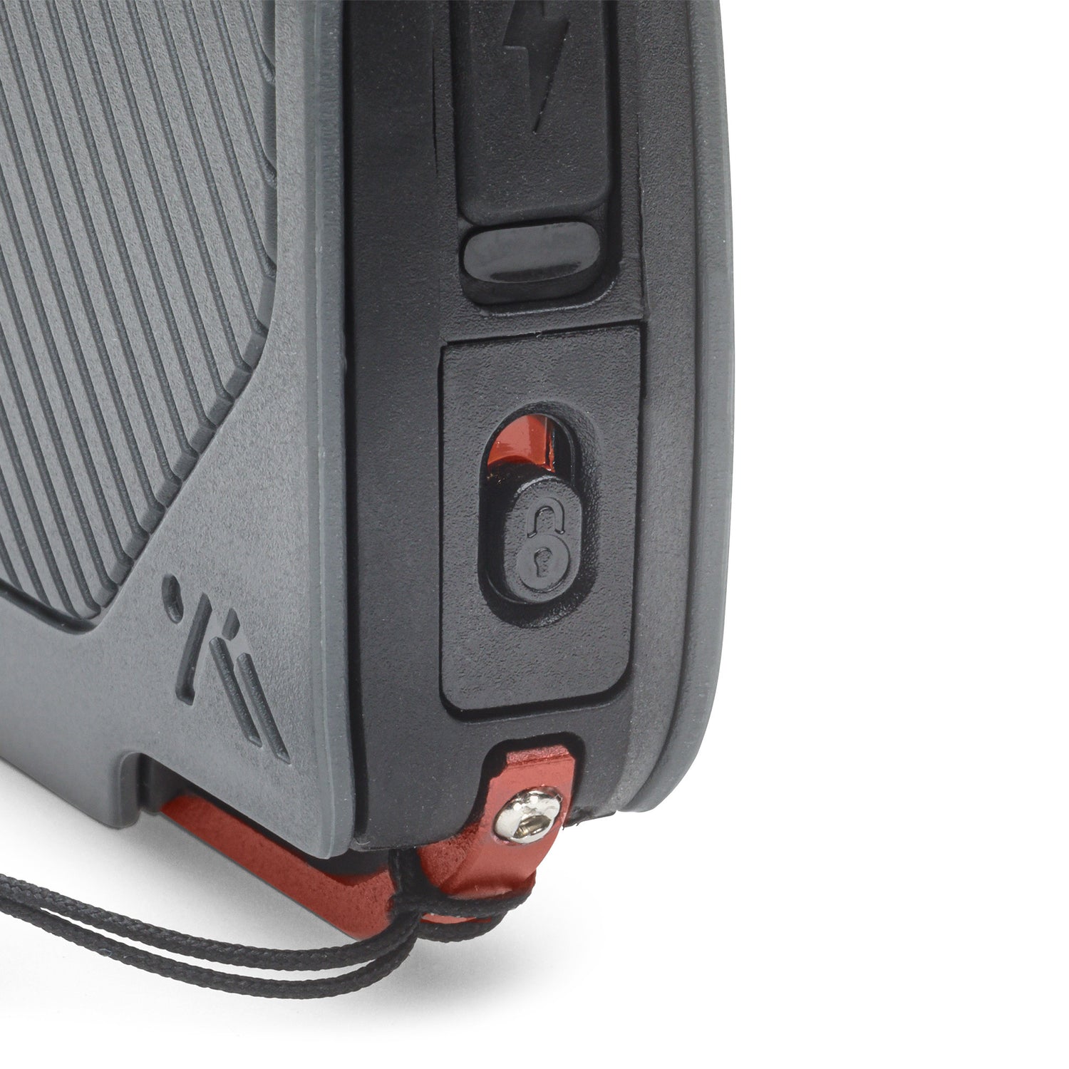 Close up picture of the 300 lumen AMPEX flashlight showing the ON/OFF button.