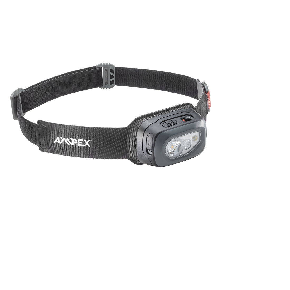A close-up of the AMPEX 300-lumen rechargeable headlamp, featuring an adjustable strap and LED lights on the front.
