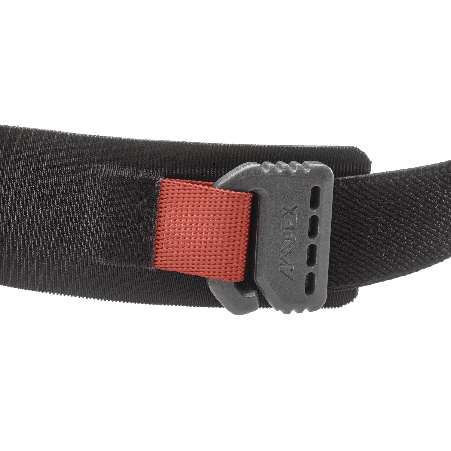 Close-up of the strap adjustment buckle with red accent tab.