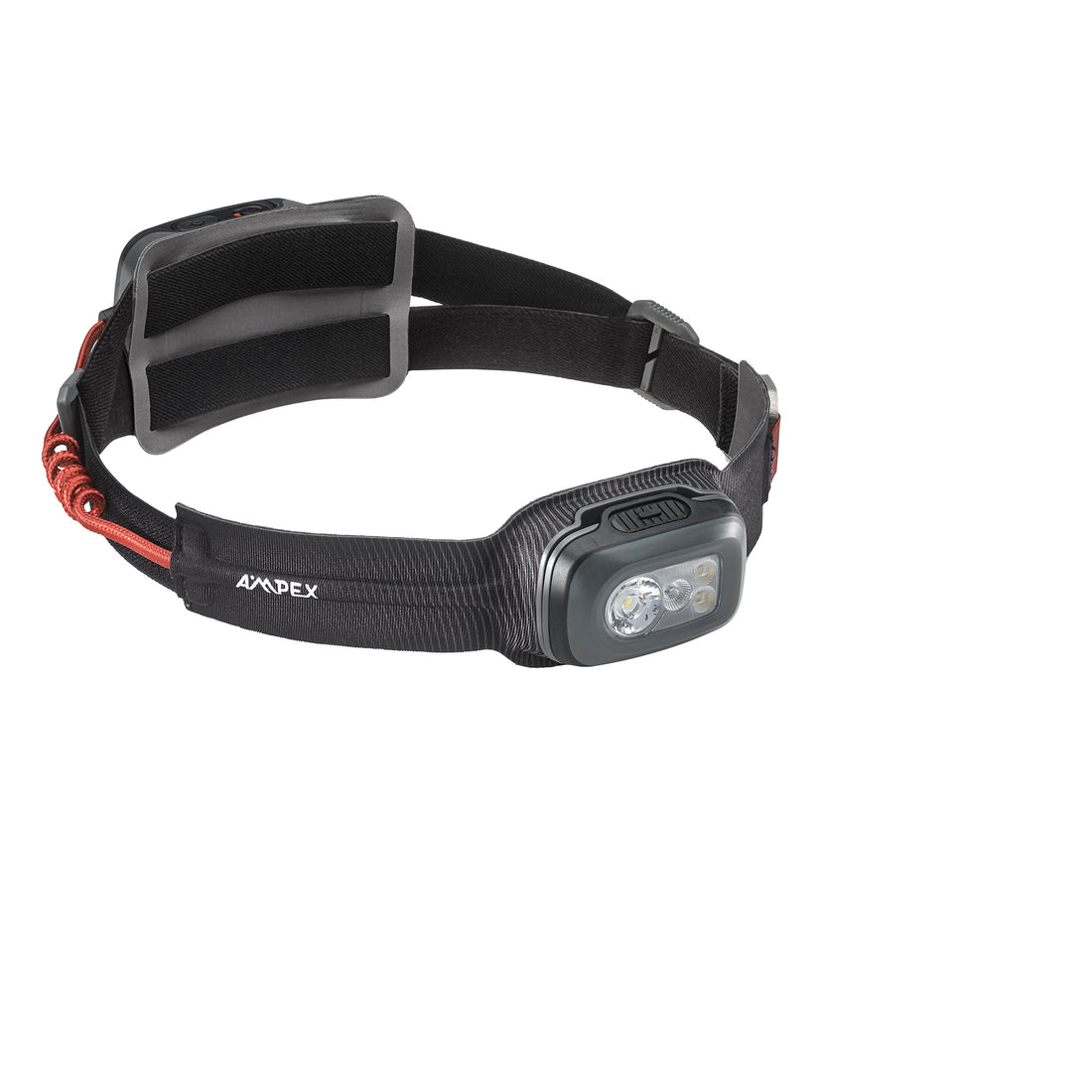 A close-up of the AMPEX 600-lumen rechargeable headlamp, featuring an adjustable strap and LED lights on the front.