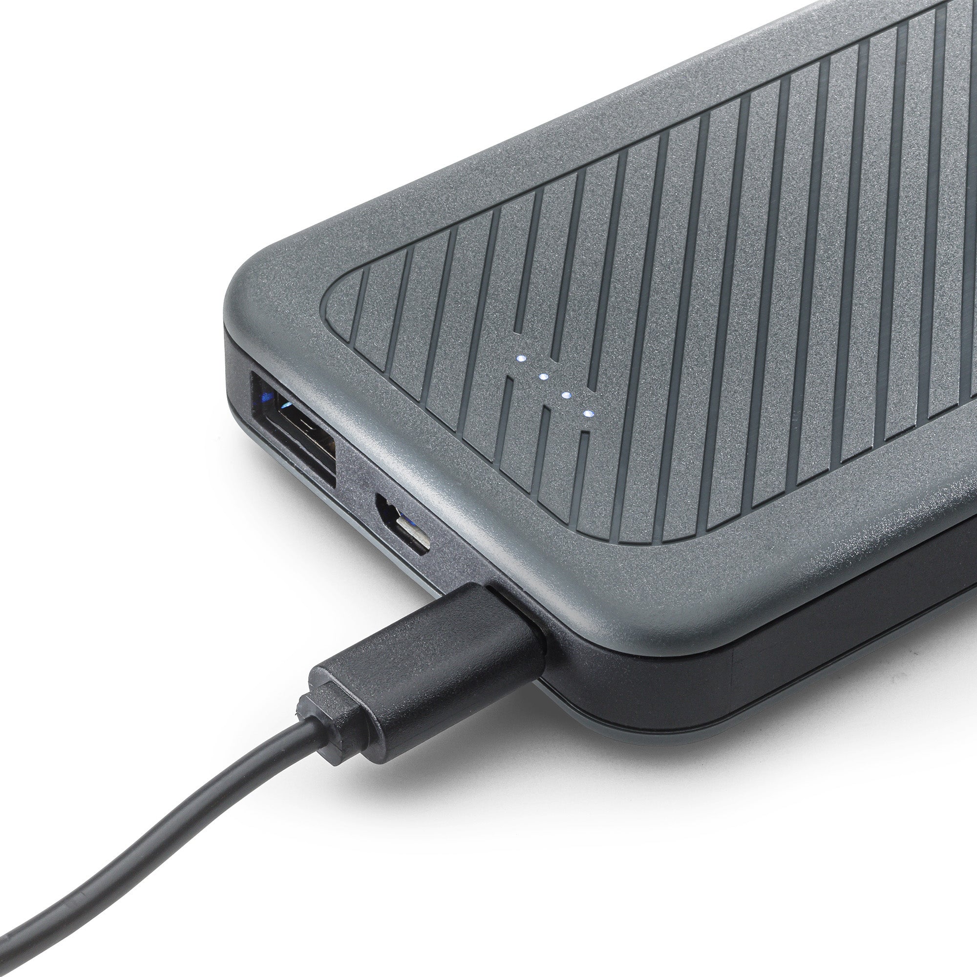 Close-up of 10,000mAh Power Bank charging a device with a USB cable.
