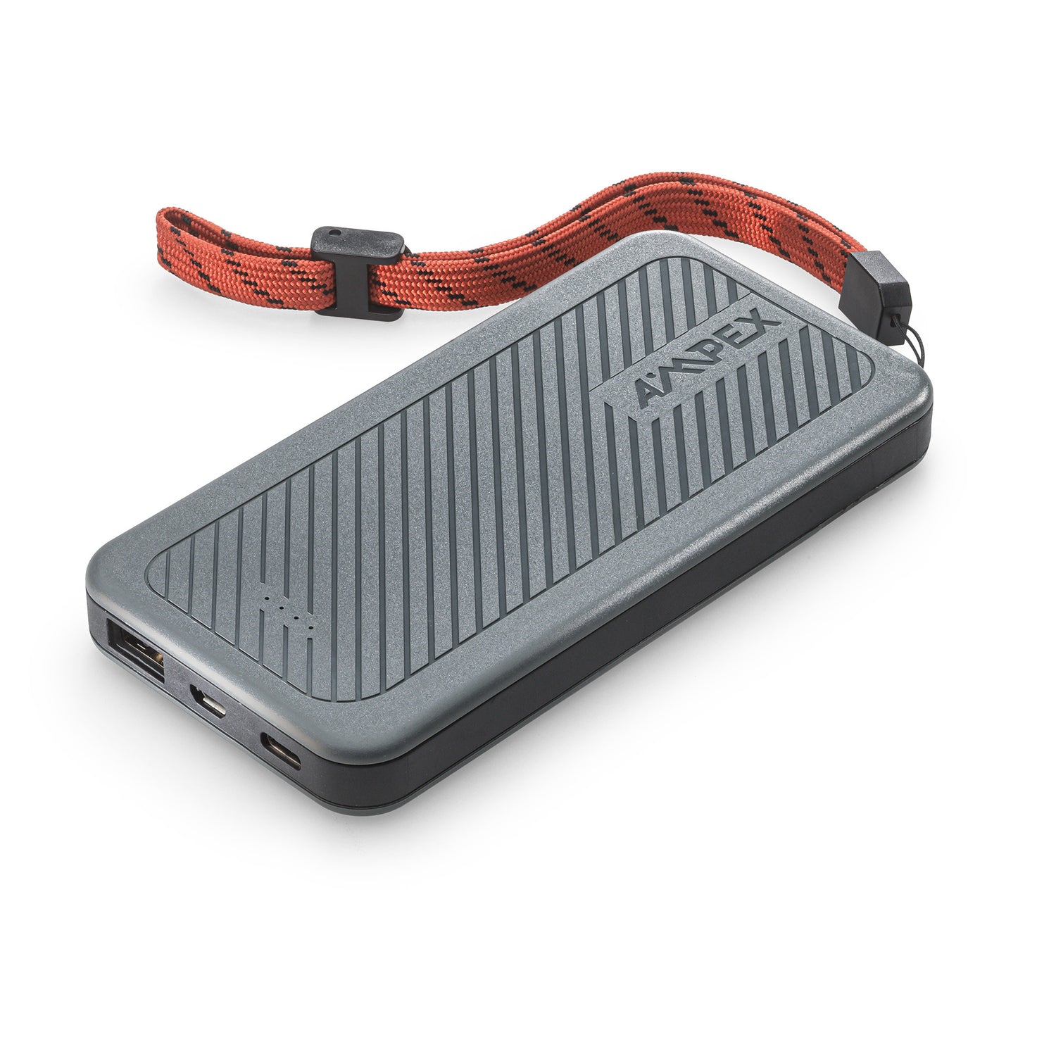 10,000mAh Power Bank with red strap, showing USB-A, USB-C, and micro USB ports.