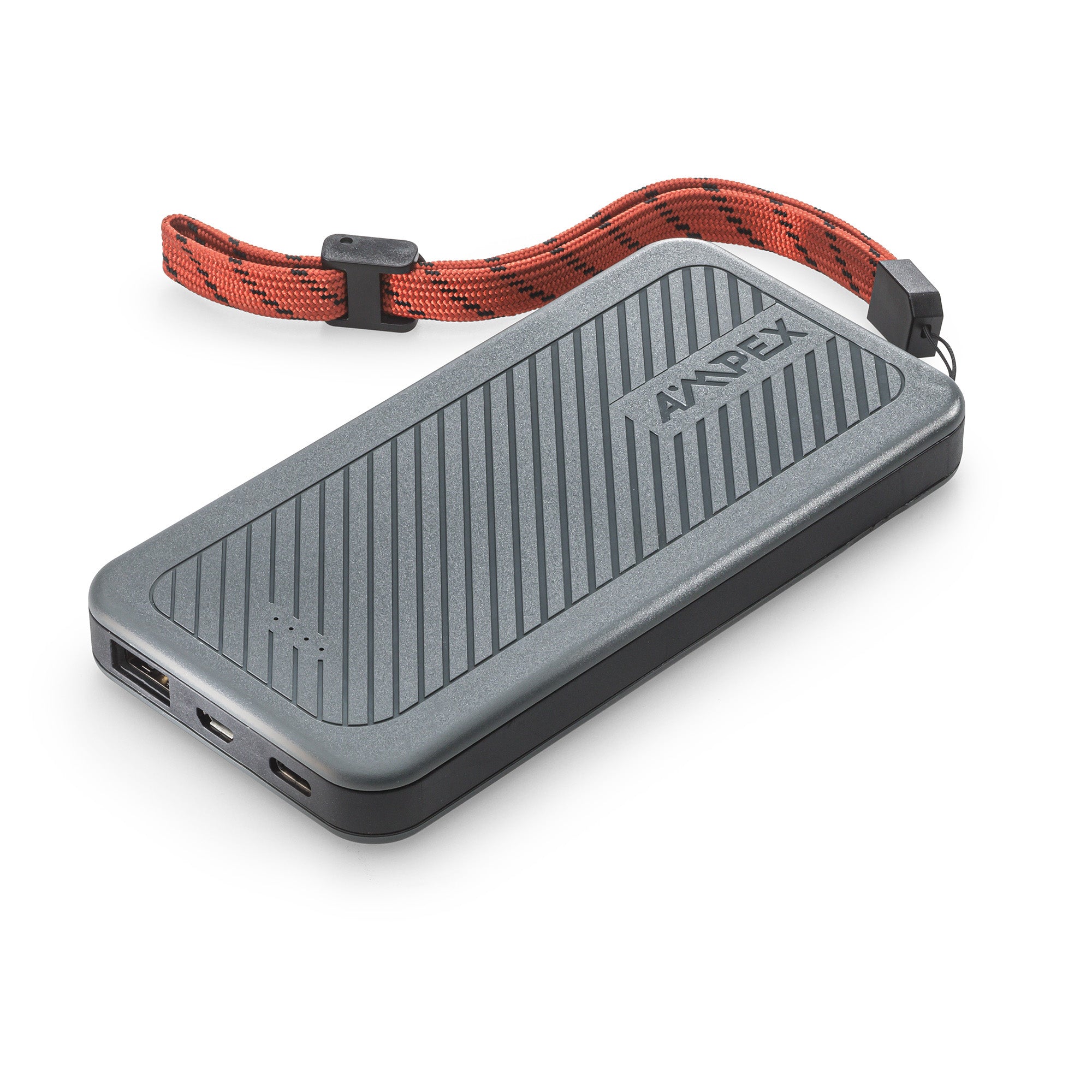 10,000mAh Power Bank with red strap, showing USB-A, USB-C, and micro USB ports.