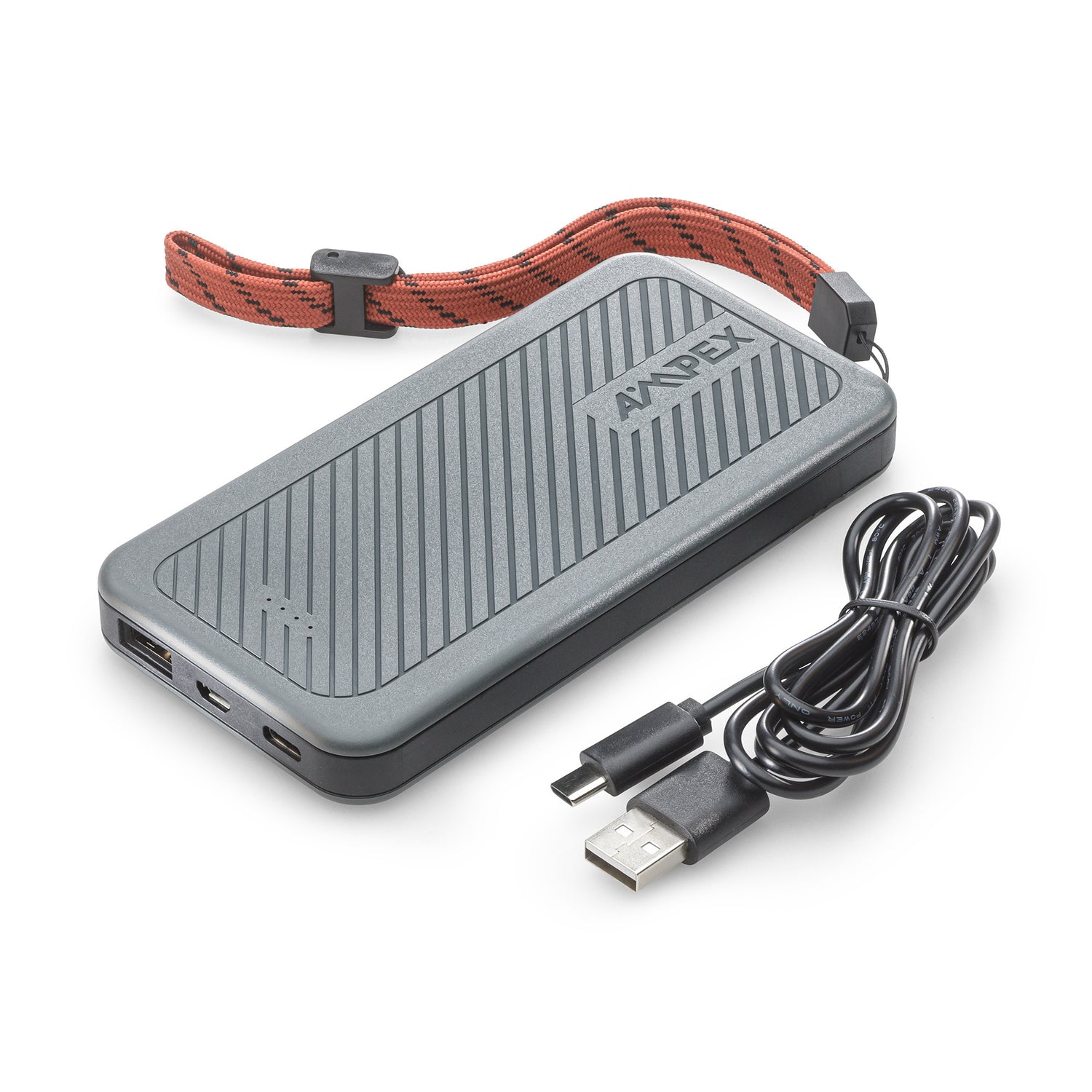 10,000mAh  Power Bank with USB-C cable and strap on a flat surface.