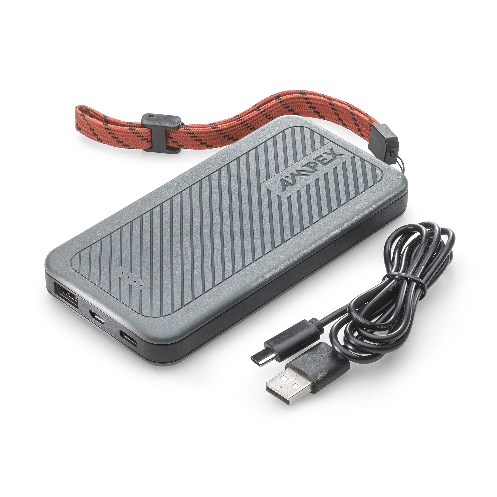10,000mAh Power Bank with USB-C cable and strap on a flat surface.