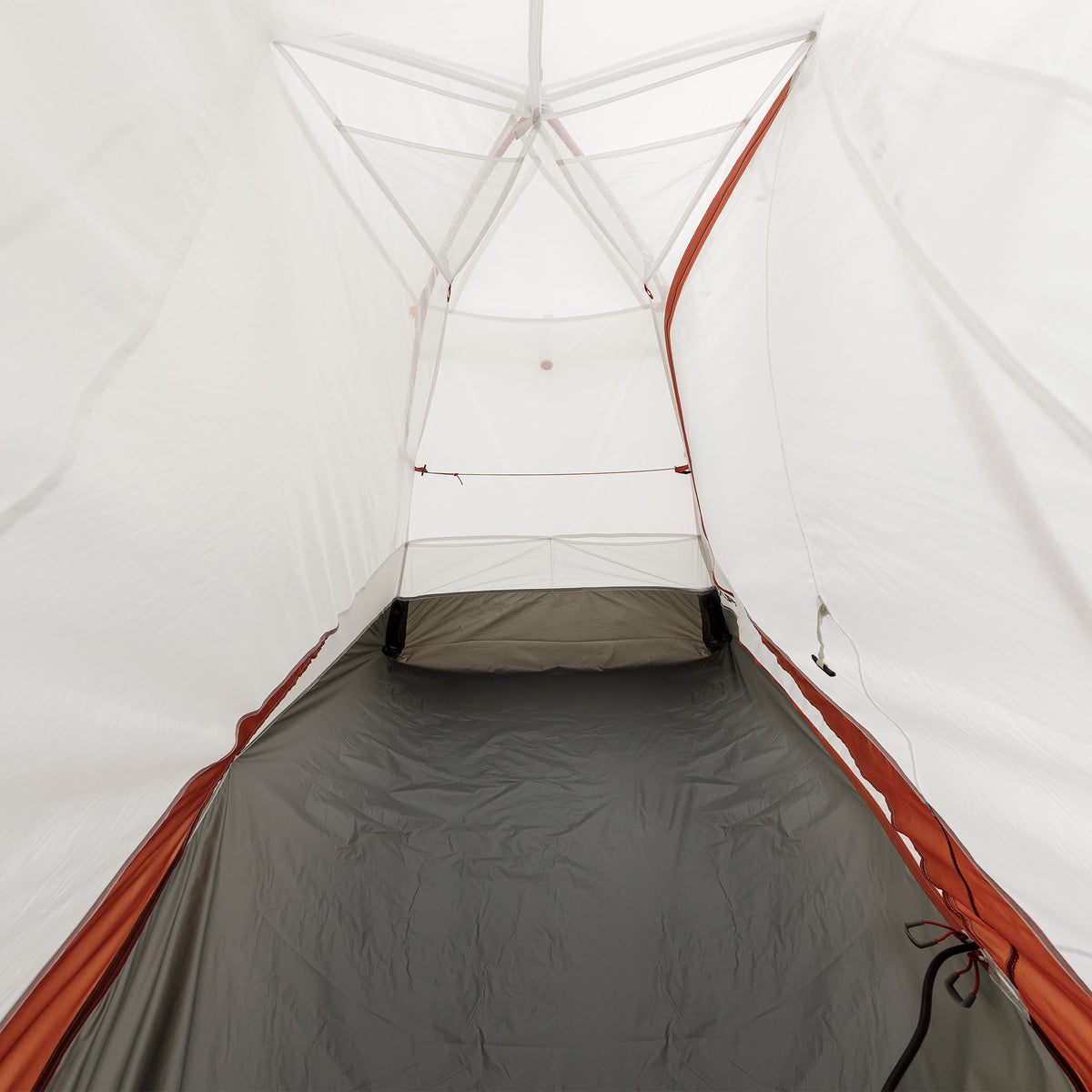 Inside view of the tent with mesh canopy and gray floor, no gear inside.