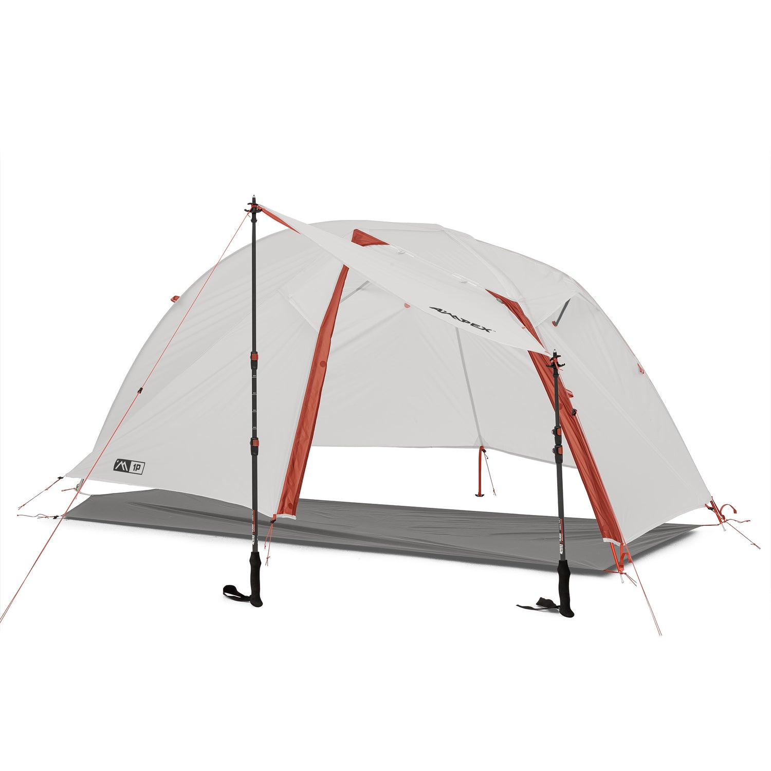 Ampex lightweight tent with gray rainfly and red trim fully pitched.