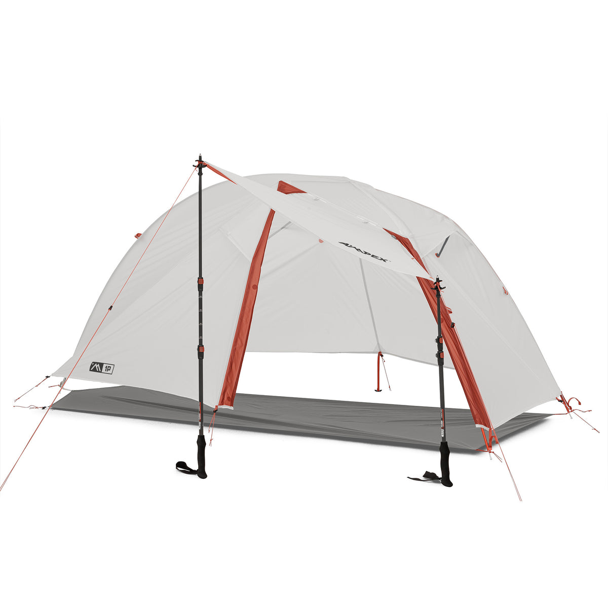 Ampex lightweight tent with gray rainfly and red trim fully pitched.