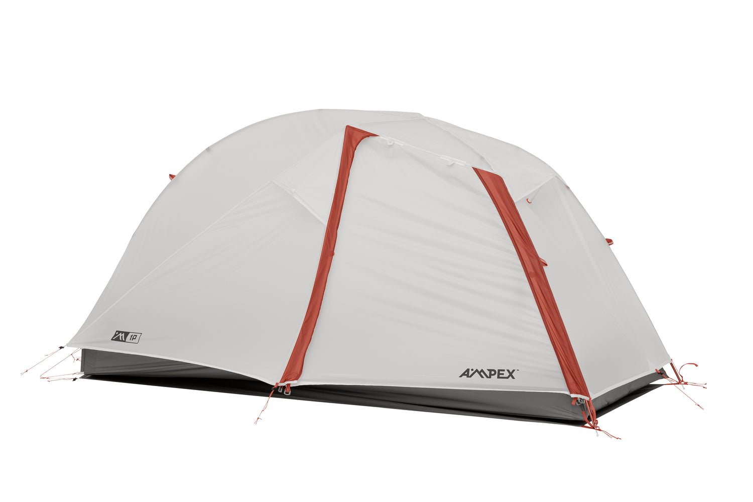 Tent with gray rainfly fully covering canopy, red trim visible.