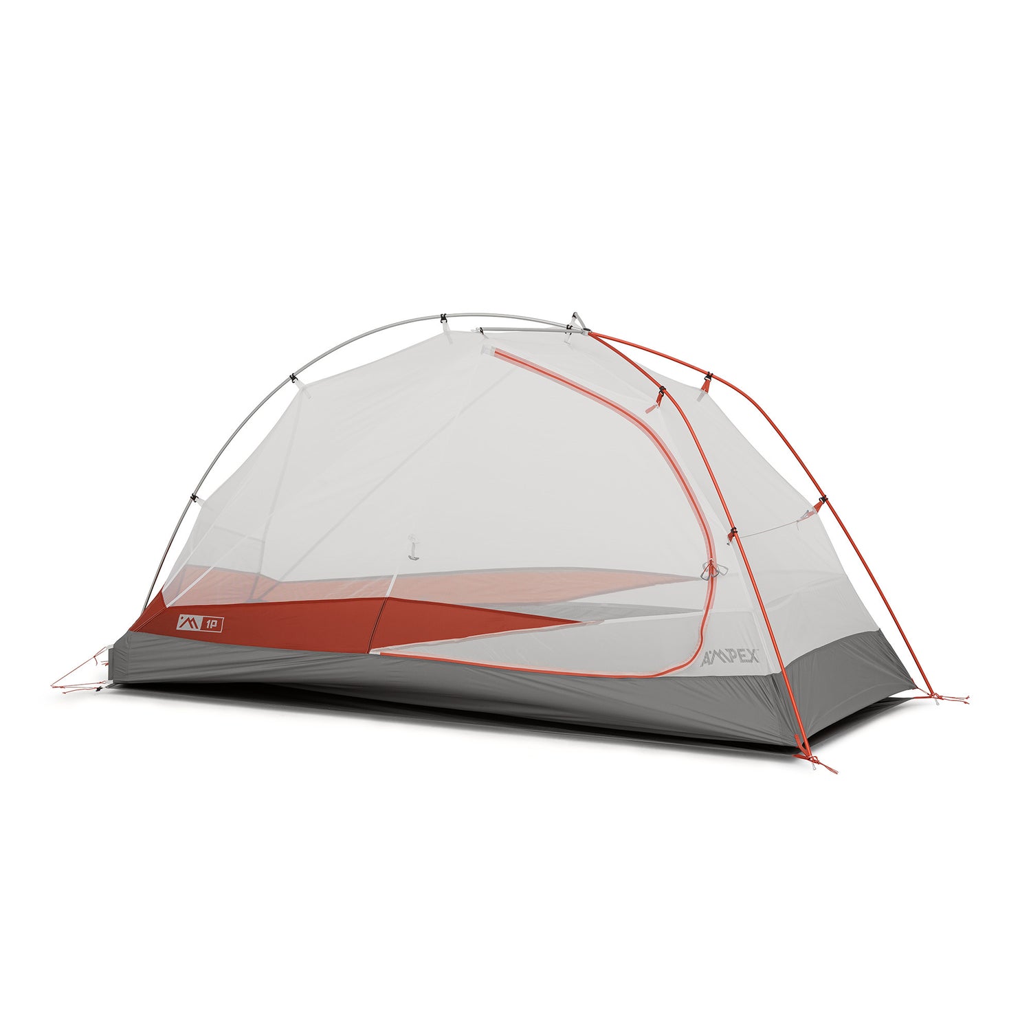 Ampex one-person tent with gray base, red accents, and white mesh canopy, shown fully set up.