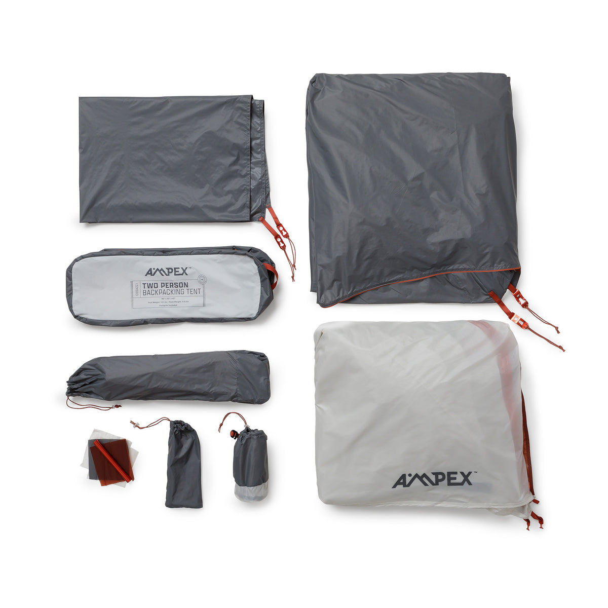 Layout of included gear—rainfly, tent body, stakes, poles, footprint, and storage bags.
