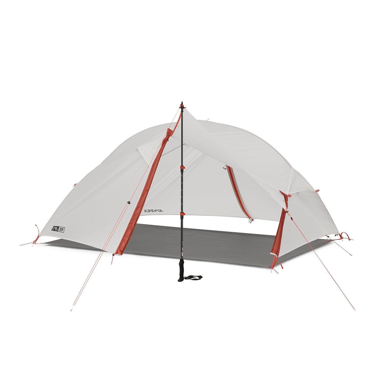 Ampex lightweight tent with gray rainfly and red trim fully pitched.