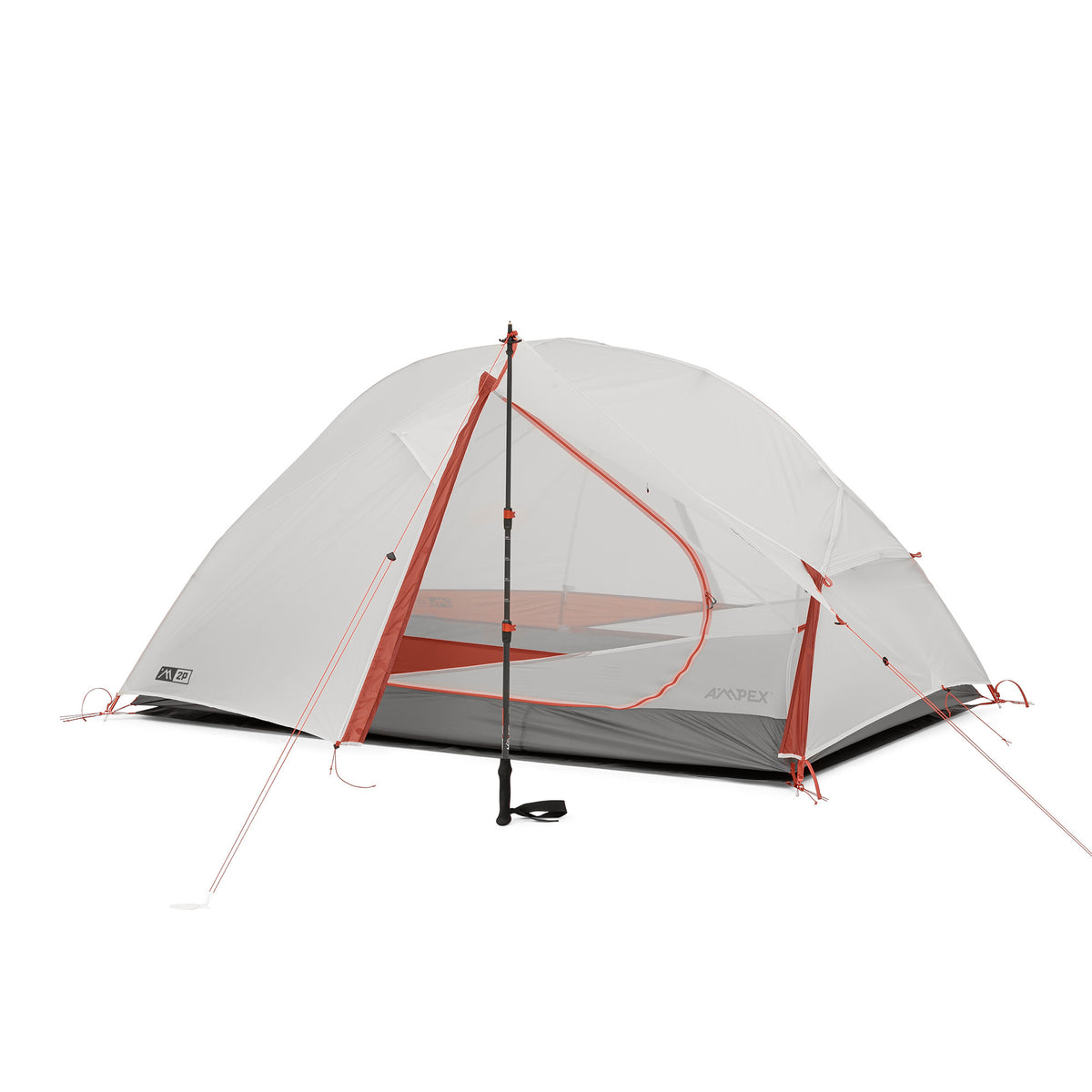 Tent shown with rainfly and guy lines staked out for added stability.