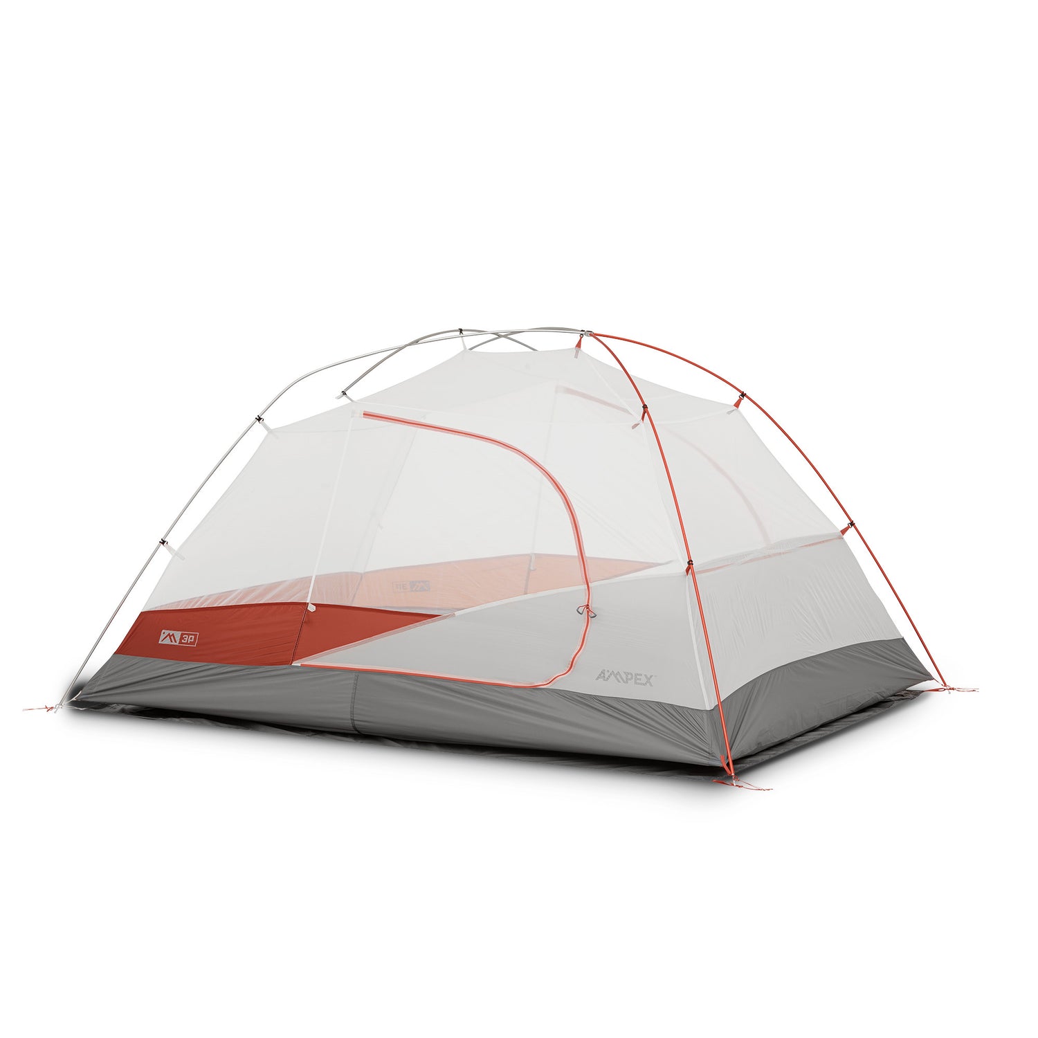 Ampex three-person tent with gray base, red accents, and white mesh canopy, shown fully set up.
