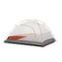 Ampex three-person tent with gray base, red accents, and white mesh canopy, shown fully set up.